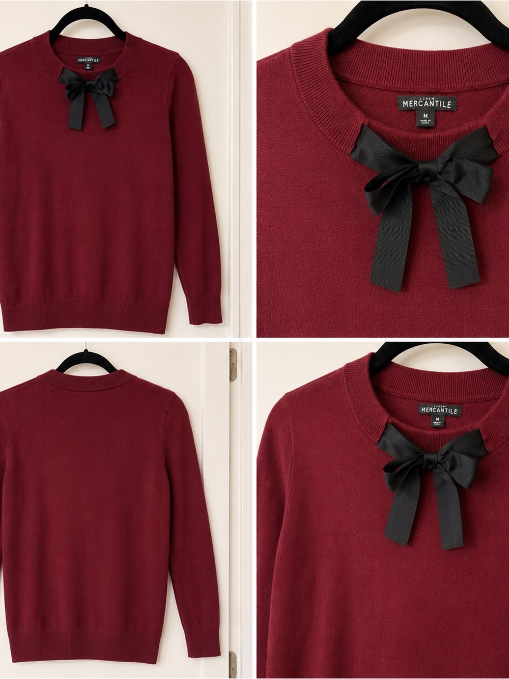 J. Crew Mercantile Burgundy Crewneck Sweater with Black Bow